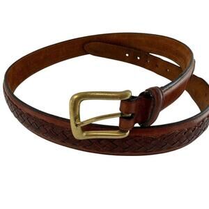 Men's Brown Solid and Inlaid Braid Leather Belt Brass Buckle Vintage? Medium 38